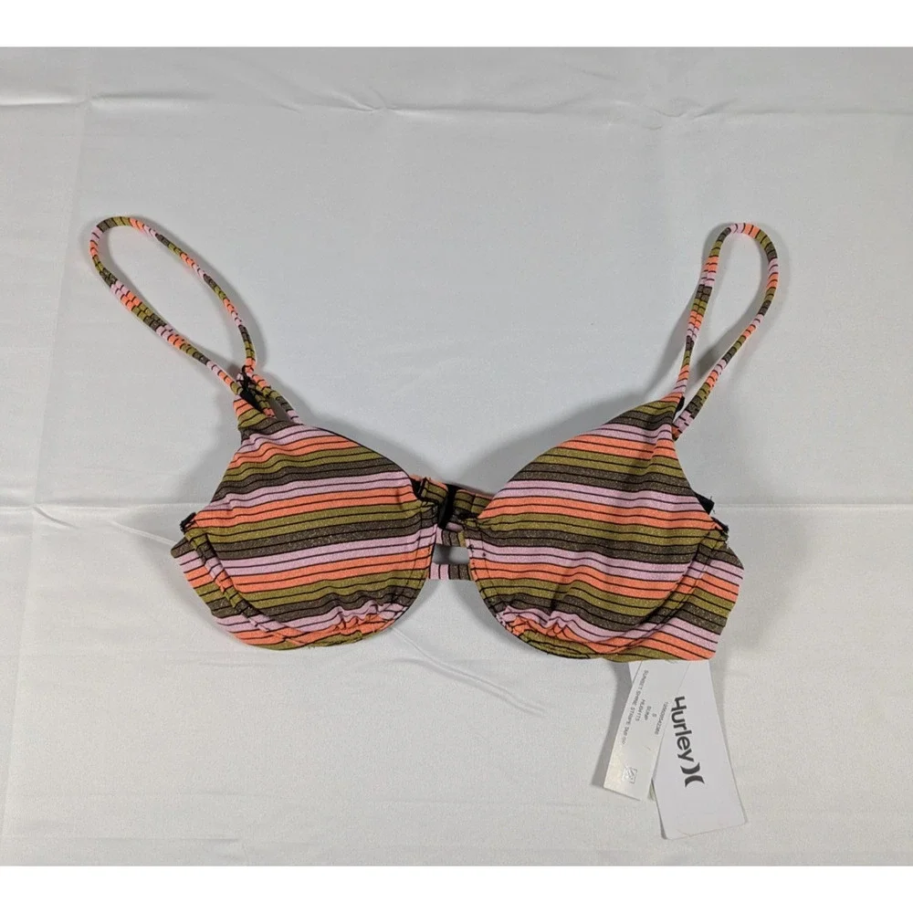 NWT Hurley Underwired Bikini Top Small Sunset Stripe Tab Sunrise Pink Swim Bra